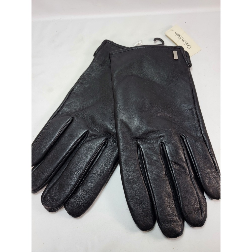 Calvin Klein Gloves Men XL Black Leather Acrylic Lined Metal Logo NEW